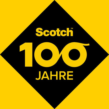 Um losango preto sobre amarelo mostra "Scotch 100 ANOS" com o número 100 em estilo de infinito - uma forma ideal de celebrar um século de fita adesiva invisível Scotch® Magic™ (3 rolos, 19mm x 33m) e o dispensador C38 da 3M Deutschland GmbH.