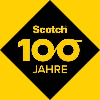 Auf gelbem Hintergrund ist eine schwarze Raute mit der Aufschrift "Scotch 100 JAHRE" in gelber Schrift - "100" stilisiert, "JAHRE" darunter in Großbuchstaben - zu sehen, die das 100-jährige Bestehen des Scotch® Verpackungsklebebandes der 3M Deutschland GmbH feiert (50 mm x 66 m).