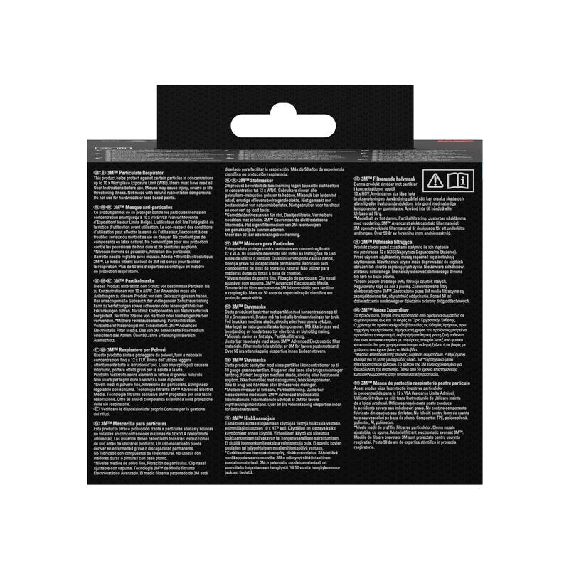 Parte de trás da embalagem da máscara de partículas 3M™ 8710E, FFP1, sem válvula da 3M Deutschland GmbH com avisos de segurança e informações em várias línguas sobre fundo preto com texto branco, bem como símbolos de reciclagem e de manutenção a seco.
