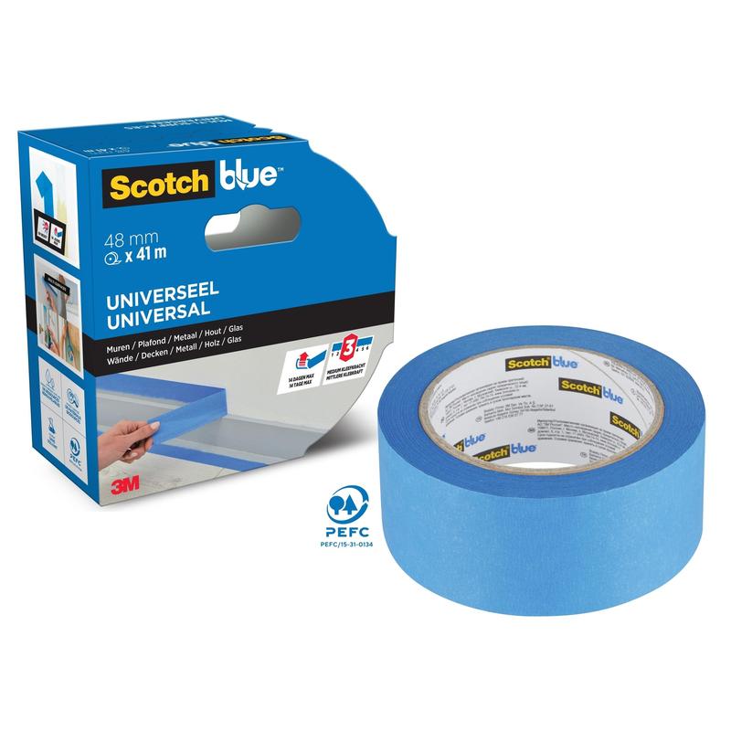 Uma caixa e um rolo de fita de mascaramento ScotchBlue™ "Multi-Surface" (48mm x 41m) da 3M Deutschland GmbH. A embalagem azul mostra o uso da fita em várias superfícies, com certificação PEFC visível e marca 3M.