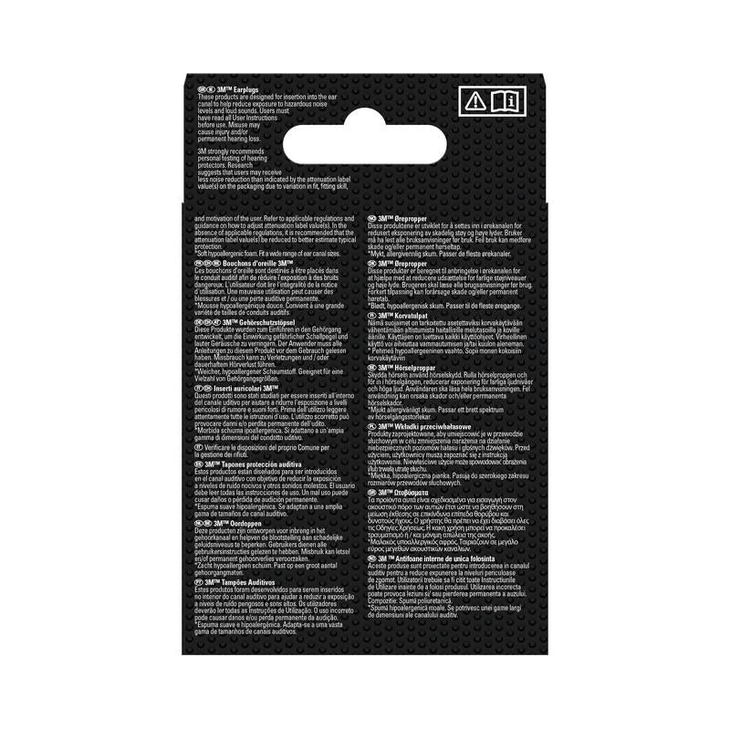 Vista traseira da embalagem de varejo dos tampões auditivos 3M™ 1100 (espuma macia, SNR 35 dB, laranja) da 3M Deutschland GmbH, com informações do produto em branco e multilíngue em três colunas; aba de suspensão no topo.