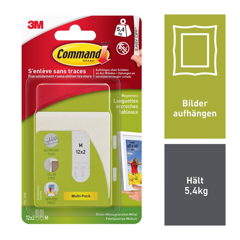 Os Strips de Montagem de Quadros Command™ de tamanho médio M 17201-4PKFGN da 3M Deutschland GmbH contêm 12 tiras autoadesivas, suportam até 5,4 kg e permitem pendurar facilmente sem pregos. Embalagem em vermelho-amarelo com informações em alemão/francês.