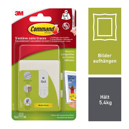 Os Strips de Montagem de Quadros Command™ de tamanho médio M 17201-4PKFGN da 3M Deutschland GmbH contêm 12 tiras autoadesivas, suportam até 5,4 kg e permitem pendurar facilmente sem pregos. Embalagem em vermelho-amarelo com informações em alemão/francês.