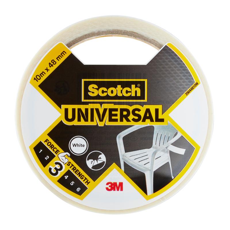 Um rolo de fita adesiva Scotch® Universal 2904 (10 m x 48 mm) da 3M Deutschland GmbH, cuja embalagem mostra uma cadeira de plástico, o nível de resistência 3/6 e o logotipo da 3M.