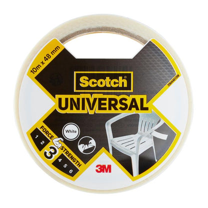 Um rolo de fita adesiva Scotch® Universal 2904 (10 m x 48 mm) da 3M Deutschland GmbH, cuja embalagem mostra uma cadeira de plástico, o nível de resistência 3/6 e o logotipo da 3M.