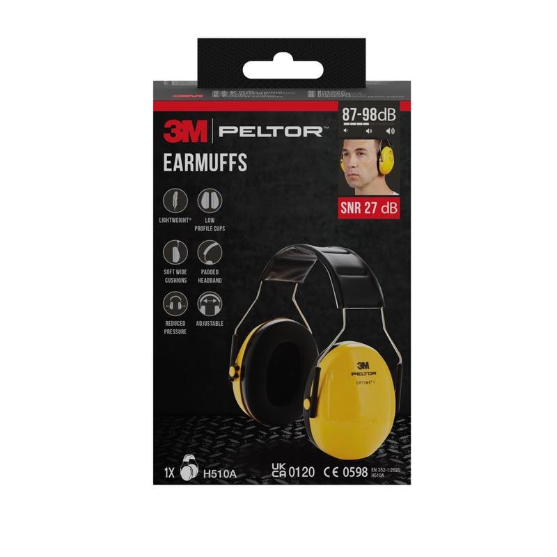 Vista frontal de uma caixa de protetores auriculares 3M™ PELTOR™ Optime™ I H510A, Amarelo, valor SNR 27 dB (1 peça) da 3M Deutschland GmbH. A embalagem mostra protetores auriculares amarelos com uma faixa de cabeça preta e uma pessoa a usá-los.