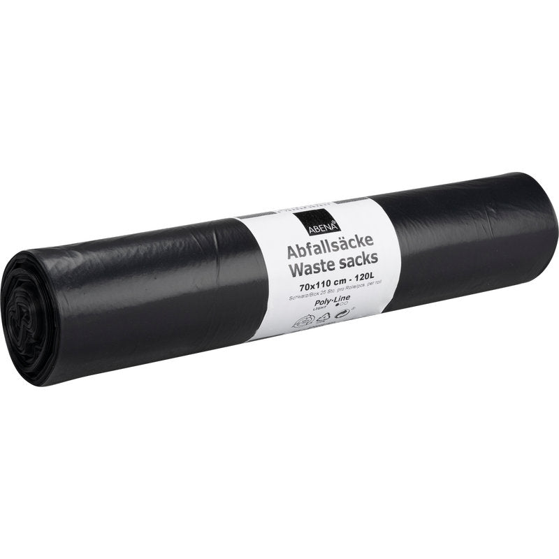 Um rolo de sacos de lixo pretos de LDPE da Abena Re-Seller GmbH (120 L, 700x1100mm, 34 my, 25 sacos) tem uma etiqueta branca com marca, tamanho e capacidade em alemão e inglês.