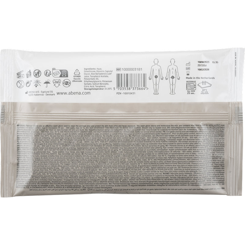 Rückansicht der Abena Re-Seller GmbH Perineale Handschuhe Packung (4 Stück) zeigt Symbole, Produktdetails, Anweisungen, Barcode, Firmeninformationen und Diagramme zur perinealen Pflege. Der Text wird in mehreren Sprachen angezeigt.