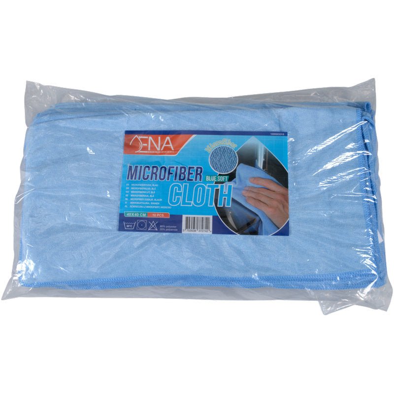 Numa embalagem de plástico transparente encontra-se um pano de microfibra azul dobrado ENA Soft (40x40 cm) da Abena Re-Seller GmbH. Na etiqueta está escrito "Pano de microfibra" com uma imagem de mãos a limpar, ideal para a manutenção de automóveis e limpeza profunda.