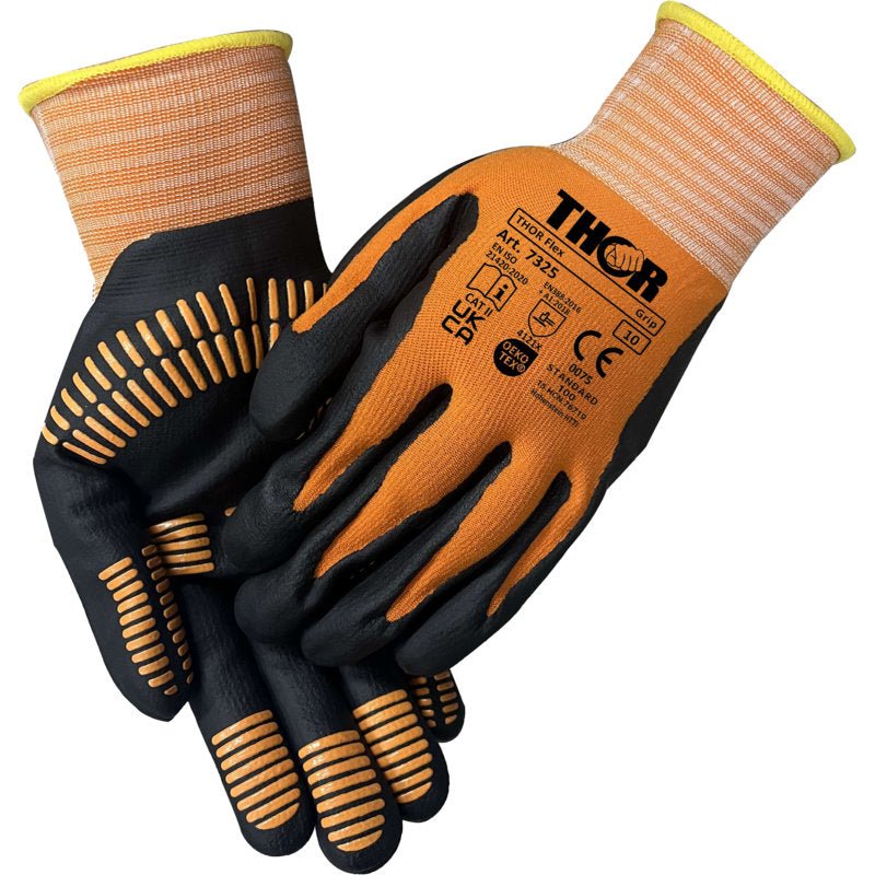 As luvas Thor Flex Multigrip da Abena Re-Seller GmbH, com suas cores laranja e preto, aderência de borracha antiderrapante nas palmas e dedos, bem como as marcações de segurança no dorso, são uma escolha robusta para várias tarefas.