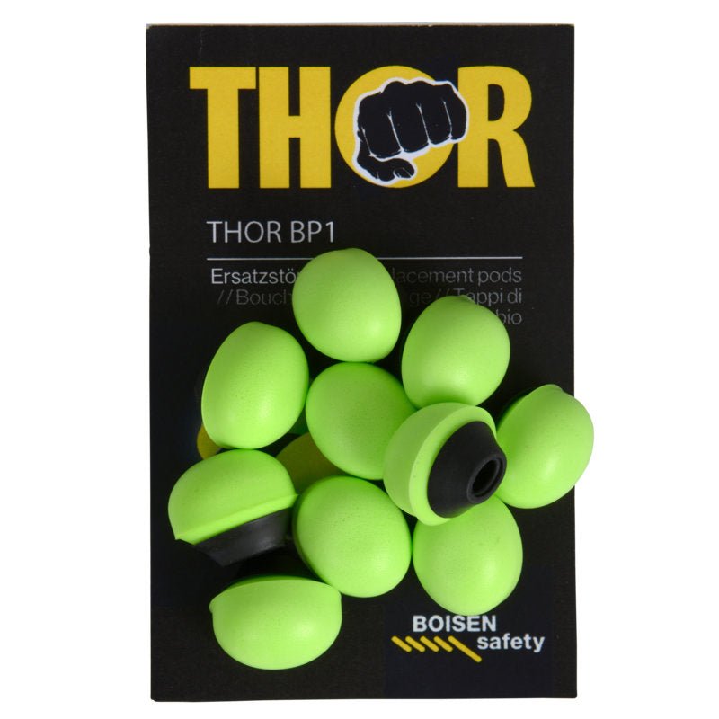 Uma embalagem "Thor Refill para protetor auditivo (812011)" da Abena Re-Seller GmbH contém 60 tampões de substituição para proteção auditiva verde claro com anéis pretos, que estão em um cartão preto com o logotipo de segurança BOISEN na parte inferior.