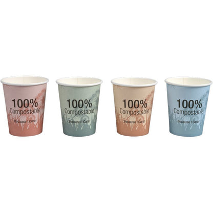 Quatro chávenas de café compostáveis em tons pastel "Dandelion" da Abena Re-Seller GmbH com design ecológico e a inscrição "100% Compostable Because I Care!" oferecem um prazer estiloso e sustentável.