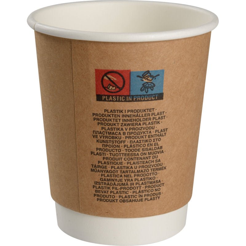 O copo de café de parede dupla "Kraft" da Abena Re-Seller GmbH é um copo de papel descartável marrom e branco, rotulado com avisos e "Plástico no Produto" em várias línguas; copos térmicos de aço inoxidável oferecem uma alternativa reutilizável.