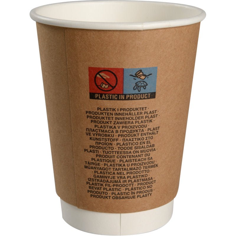 O copo de café de parede dupla "Kraft" da Abena Re-Seller GmbH é um copo de papel descartável marrom com interior branco, rotulado com texto multilíngue e pictogramas para o conteúdo plástico - ideal como copo de café para levar.