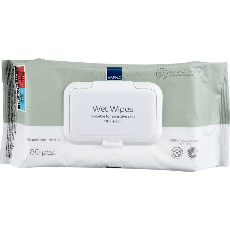 Um pacote com 80 toalhetes húmidos Abena Re-Seller GmbH (18x20 cm, branco) com tampa resselável; sem perfume, pH 4-6, testado dermatologicamente - ideal para limpeza suave em movimento.