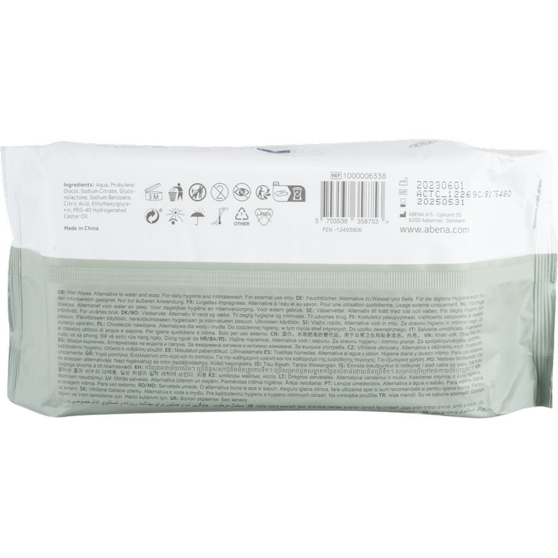 O verso de uma embalagem de toalhetes húmidos Abena Re-Seller GmbH, com tampa (80 unidades, 18x20 cm) mostra ingredientes, instruções de uso, informações do fabricante, códigos de barras e símbolos em várias línguas - ideal para limpeza em movimento.