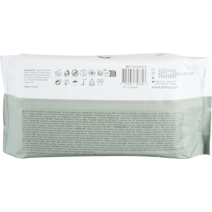 O verso de uma embalagem de toalhetes húmidos Abena Re-Seller GmbH, com tampa (80 unidades, 18x20 cm) mostra ingredientes, instruções de uso, informações do fabricante, códigos de barras e símbolos em várias línguas - ideal para limpeza em movimento.