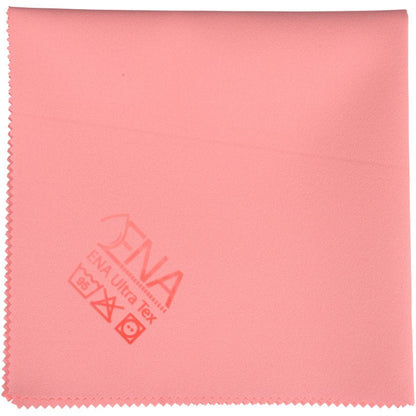 O pano ENA Ultra Tex PU da Abena Re-Seller GmbH é um pano de limpeza quadrado, rosa (38x37 cm) com bordas em ziguezague para uma limpeza sem manchas e um logotipo da marca impresso e símbolos de cuidado em um canto.
