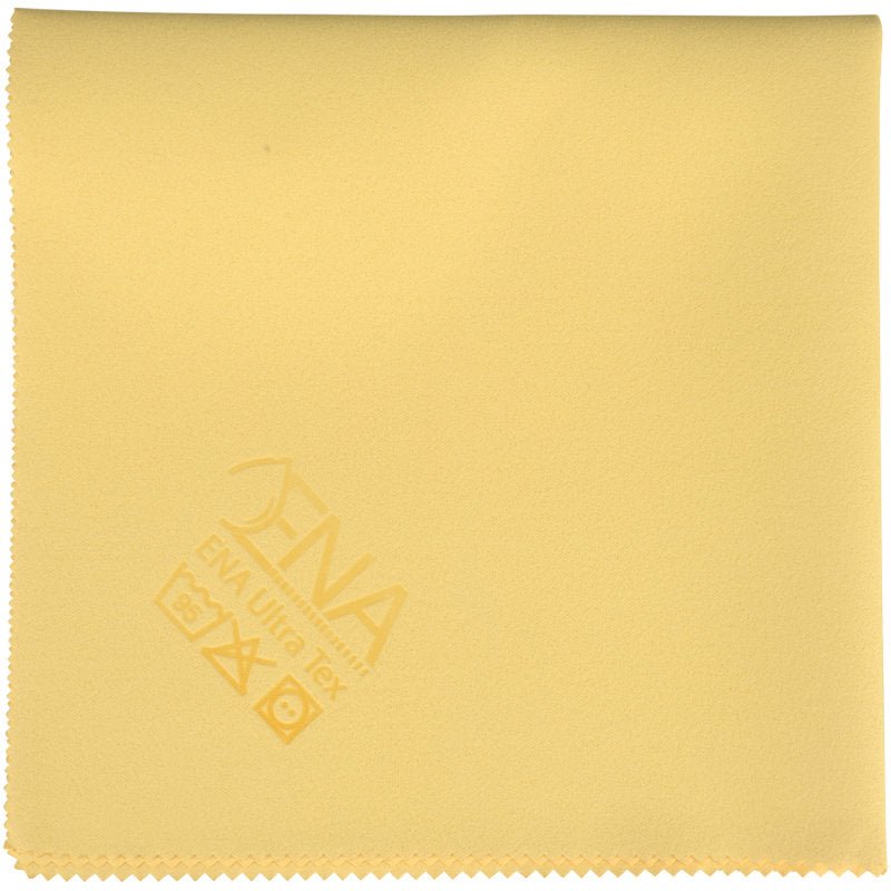 Um pano ENA Ultra Tex PU quadrado, amarelo-claro (38x37 cm) da Abena Re-Seller GmbH feito de microfibra com borda serrilhada e símbolos de cuidado mais logotipo em um canto - perfeito para limpeza sem manchas.