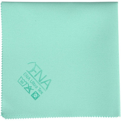 O pano ENA Ultra Tex PU da Abena Re-Seller GmbH é um pano de limpeza de microfibra verde-claro de 38x37 cm com bordas em ziguezague, símbolos de cuidado impressos e "ENA Ultra Tex" no canto - perfeito para limpeza sem manchas.
