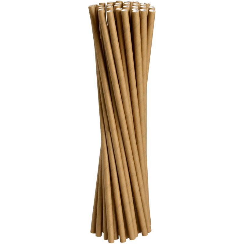 Um pacote com 250 palhinhas de papel Abena Re-Seller GmbH em castanho (19,5 cm, ø 6 mm) está em pé sobre um fundo branco, as suas pontas estão ligeiramente irregulares e próximas umas das outras.