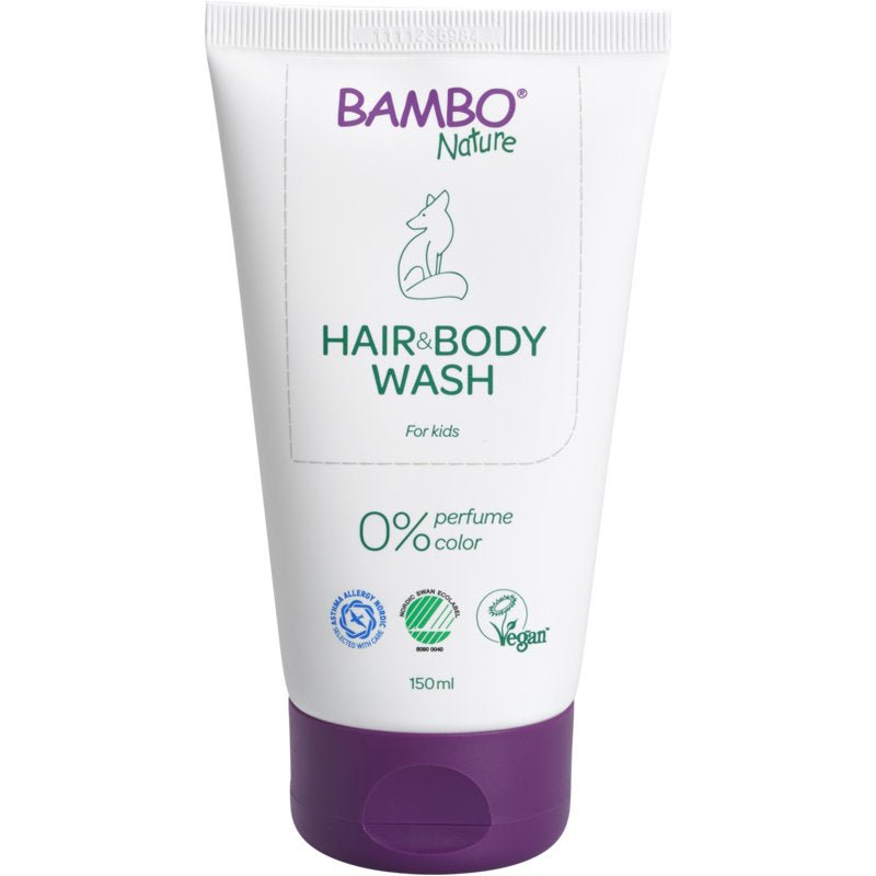 Um tubo branco e lilás com a inscrição "Bambo Nature, Babyshampoo Haut & Haar, 150 ml" da Abena Re-Seller GmbH mostra uma ilustração de raposa e ícones para certificações. Fórmula vegana com 0% de perfume ou cor, perfeita para a pele sensível do bebé. Embalagem: 6 unidades.