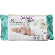 A Abena Re-Seller GmbH Bambo Nature Toalhitas Húmidas c/ Fecho Adesivo, 15x20cm, Embalagem (80 Unidades), são veganas, testadas dermatologicamente, sem perfume e sem corantes - ideal para a pele sensível do bebé. Embalagem com bebé sorridente.