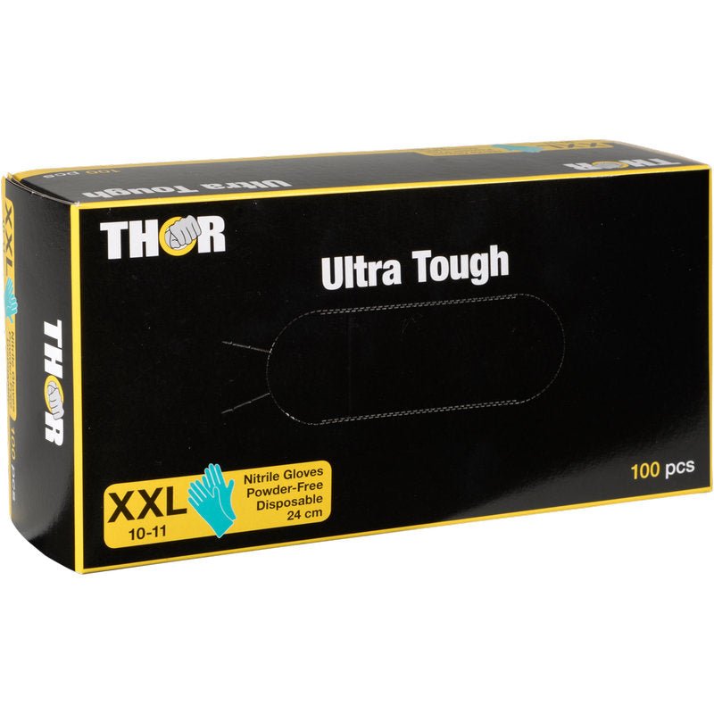 Uma caixa de luvas de nitrilo Thor Ultra Tough, Verde da Abena Re-Seller GmbH, tamanho XXL (10-11), sem pó e descartáveis, 24 cm de comprimento, 100 peças. Ideal para uso ao ar livre devido à sua durabilidade. Caixa com acentos de design verde.