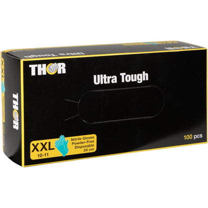 Uma caixa de luvas de nitrilo Thor Ultra Tough, Verde da Abena Re-Seller GmbH, tamanho XXL (10-11), sem pó e descartáveis, 24 cm de comprimento, 100 peças. Ideal para uso ao ar livre devido à sua durabilidade. Caixa com acentos de design verde.