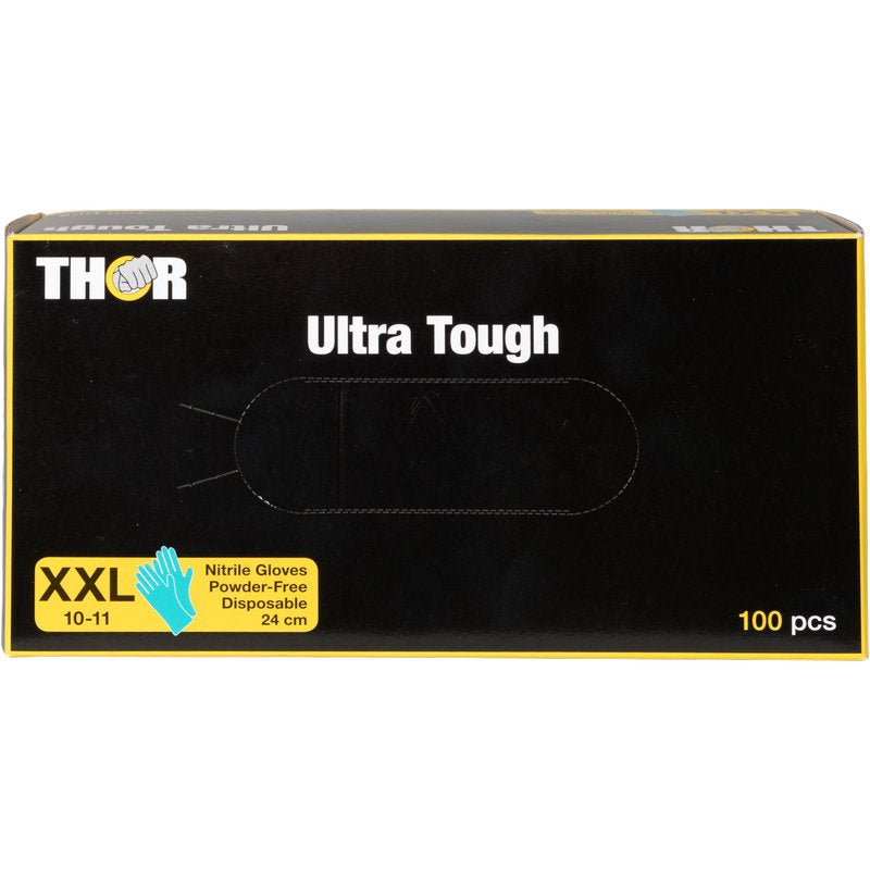 Uma caixa retangular preta com a inscrição "Thor Ultra Tough, Verde" da Abena Re-Seller GmbH contém 100 luvas descartáveis XXL de nitrilo sem pó, tamanho 10-11, 24 cm. Ideal para atividades ao ar livre - durável com gráfico verde e acentos amarelos.