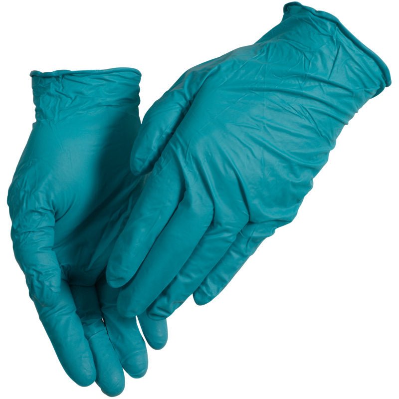 Um par de luvas descartáveis verdes de nitrilo, Thor Ultra Tough da Abena Re-Seller GmbH, com dobras e textura visíveis, retratado diante de um fundo branco.