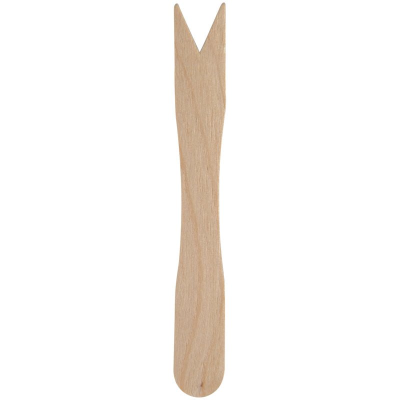 Um garfo de batata frita de madeira da Abena Re-Seller GmbH, com 8,5 cm de comprimento, cabo reto e ponta em V bifurcada, pacote com 100 peças, fotografado sobre fundo branco.
