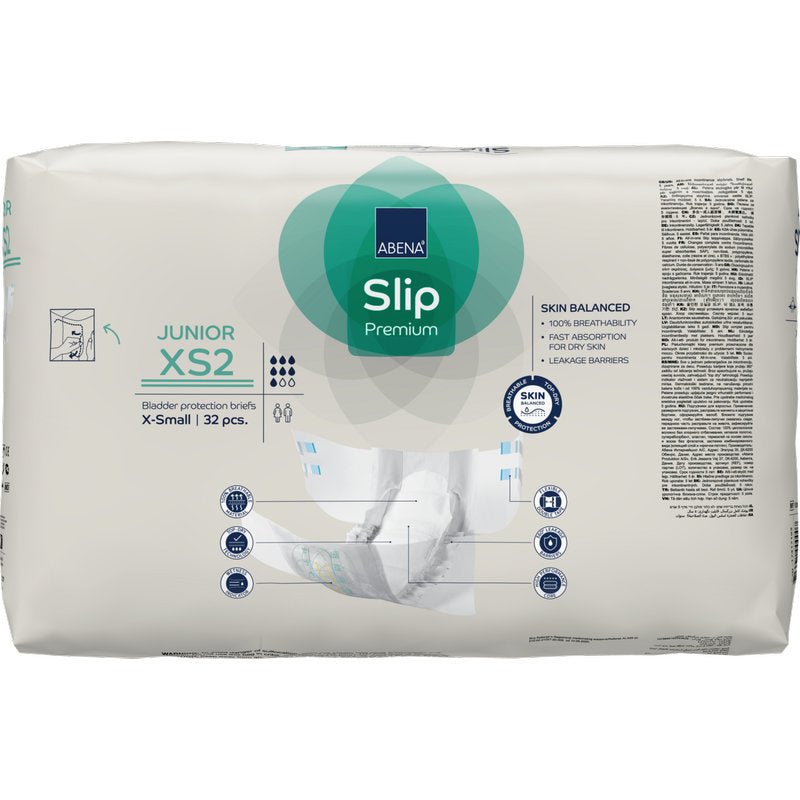 Um pacote branco ABENA Slip Junior Premium Gr XS2 da Abena Re-Seller GmbH (32 unidades) mostra na frente detalhes do produto, tamanhos, ícones e uma ilustração que mostra este produto de incontinência para crianças em uso.