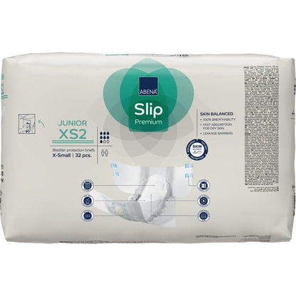 Um pacote branco ABENA Slip Junior Premium Gr XS2 da Abena Re-Seller GmbH (32 unidades) mostra na frente detalhes do produto, tamanhos, ícones e uma ilustração que mostra este produto de incontinência para crianças em uso.