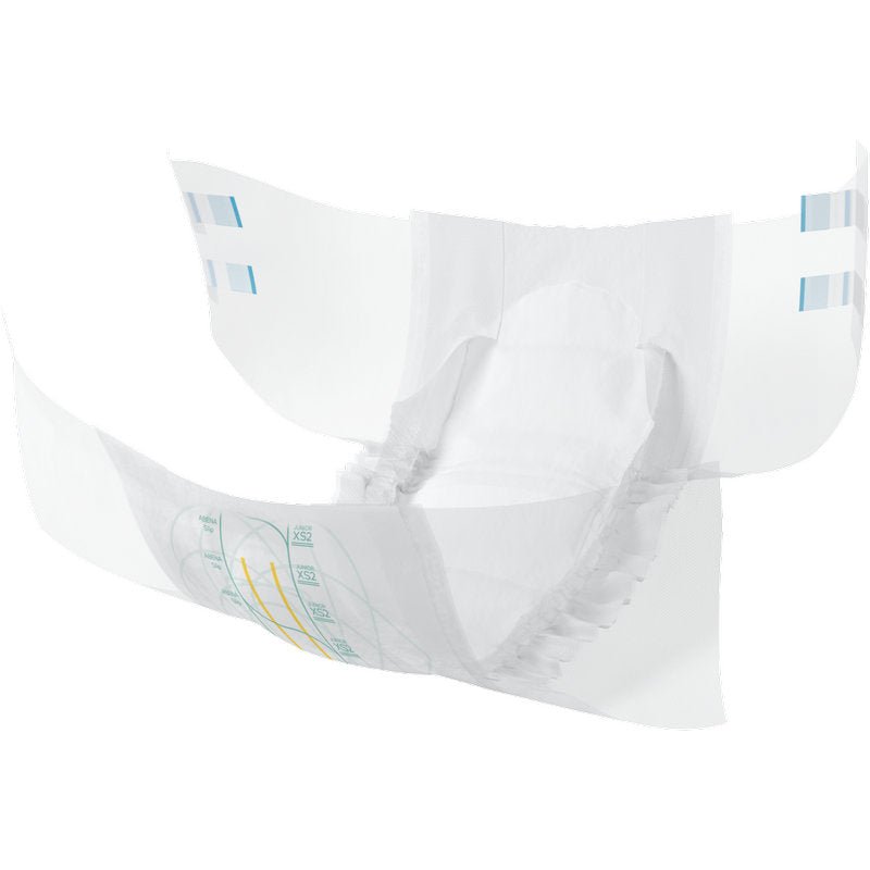 Uma fralda descartável para adultos está aberta e plana, com acolchoamento absorvente, punhos elásticos, abas adesivas e indicadores de umidade - características que também estão presentes no ABENA Slip Junior Premium Gr XS2 da Abena Re-Seller GmbH (pacote com 32 unidades).