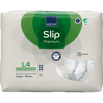 Eine Packung ABENA Slip Premium von Abena Re-Seller GmbH, Größe Large (L4), enthält 18 Slips. Die weiß-grüne Verpackung zeigt einen offenen Slip und Icons für hohe Saugfähigkeit und Hautschutz.