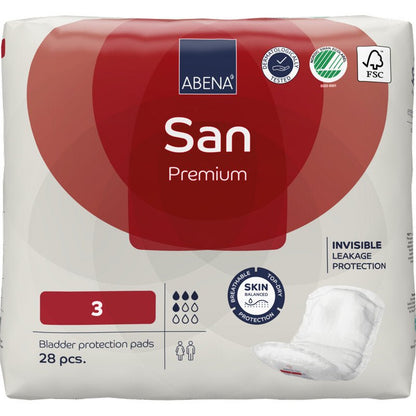 Um pacote de 28 unidades ABENA San Premium (tamanho 3) da Abena Re-Seller GmbH oferece alta capacidade de absorção. A embalagem predominantemente branca é decorada com acentos vermelhos, logotipos de certificação, informações do produto e uma imagem de tampão no canto inferior direito.