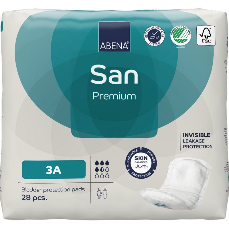Um pacote de 28 tampões ABENA San Premium da Abena Re-Seller GmbH, que se destacam pela alta capacidade de absorção, proteção contra vazamentos invisível e equilíbrio da pele. Logotipos de certificação e uma imagem de tampão estão ilustrados no canto inferior direito da embalagem.