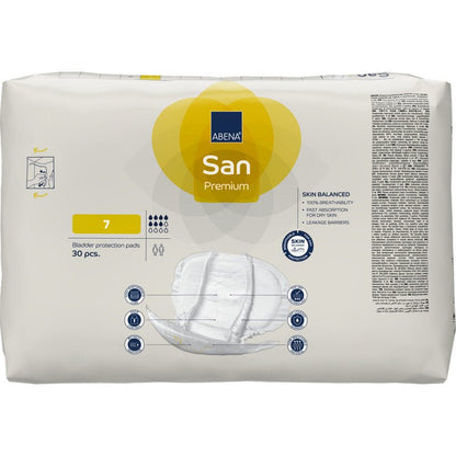 Uma embalagem de 30 ABENA San Premium da Abena Re-Seller GmbH, tamanho 7, vem em uma embalagem de cor creme com alta capacidade de absorção e uma imagem do absorvente para proteção ideal contra incontinência.