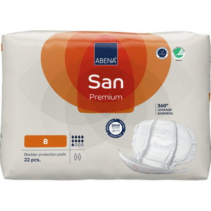 Uma embalagem ABENA San Premium da Abena Re-Seller GmbH, tamanho 8, contém 22 absorventes. A embalagem predominantemente branca com acentos laranja e azul mostra imagens de tampões e destaca a alta capacidade de absorção para proteção ideal contra incontinência.