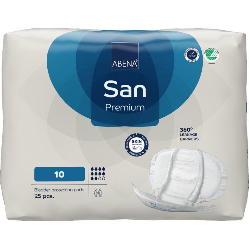 Uma embalagem com 25 ABENA San Premium da Abena Re-Seller GmbH, tamanho 10, oferece alta capacidade de absorção, proteção contra vazamento 360° e proteção amigável para a pele contra incontinência. A embalagem mostra a imagem de um absorvente.