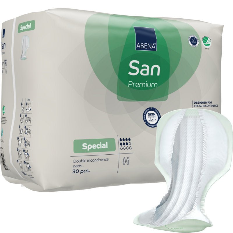 Uma embalagem branco-verde com a inscrição "ABENA San Premium" da Abena Re-Seller GmbH, que contém 30 pensos de incontinência altamente absorventes, é mostrada ao lado de um dos pensos individuais. As características do produto estão ilustradas na embalagem.