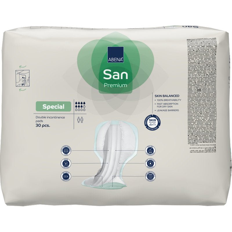 Um pacote de 30 pensos de incontinência ABENA San Premium da Abena Re-Seller GmbH com alta capacidade de absorção. Embalagem predominantemente branca com acentos azuis e verdes, contendo imagens do produto e detalhes.