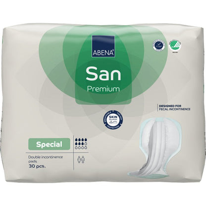 Pacote com 30 pensos de proteção contra incontinência ABENA San Premium da Abena Re-Seller GmbH. Embalagem branco-verde com informações do produto, símbolos para alta capacidade de absorção e uma imagem do penso no lado direito.