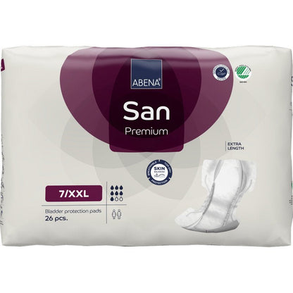 Um pacote de 26 pensos ABENA San Premium da Abena Re-Seller GmbH com pensos extra longos com alta capacidade de absorção e símbolos de proteção da pele em fundo de marca branco e violeta.