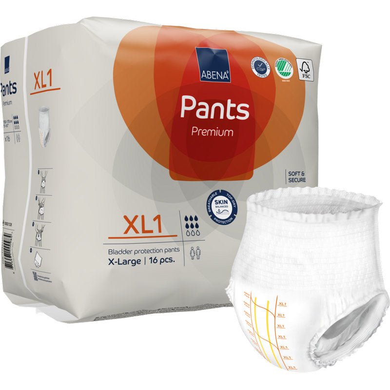 Um pacote de ABENA Pants Premium XL da Abena Re-Seller GmbH, tamanho X-Large (16 peças), com uma fralda pull-up aberta na frente. Na embalagem há logotipos de certificação para proteção premium da bexiga.