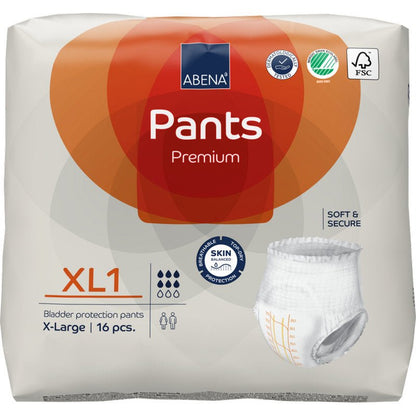 Um pacote de ABENA Pants Premium XL da Abena Re-Seller GmbH, tamanho X-Large, 16 peças. Vem em embalagem branca com acentos laranja, mostrando imagens do produto e logotipos de certificação.