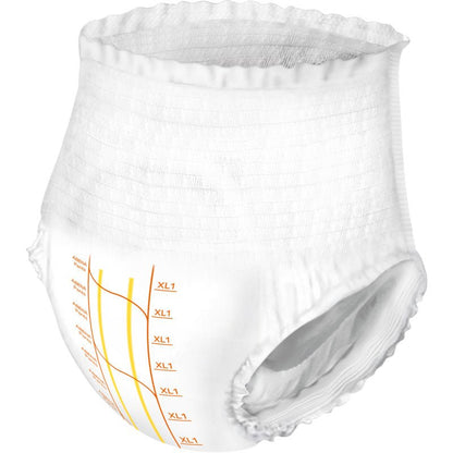 A ABENA Pants Premium XL da Abena Re-Seller GmbH é uma fralda descartável branca limpa e não utilizada, com cintura e aberturas para as pernas elásticas, marcações de tamanho laranja e linhas laterais em fundo branco.