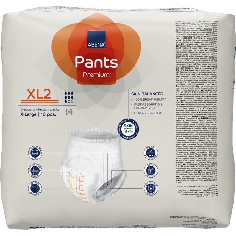 Um pacote de ABENA Pants Premium XL da Abena Re-Seller GmbH, tamanho extra large, contém 16 peças. Na embalagem, o equilíbrio da pele e a capacidade de absorção são destacados, assim como as fraldas de incontinência são ilustradas.