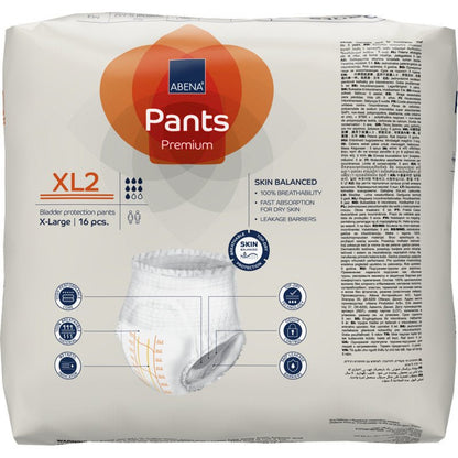 Um pacote de ABENA Pants Premium XL da Abena Re-Seller GmbH, tamanho extra large, contém 16 peças. Na embalagem, o equilíbrio da pele e a capacidade de absorção são destacados, assim como as fraldas de incontinência são ilustradas.